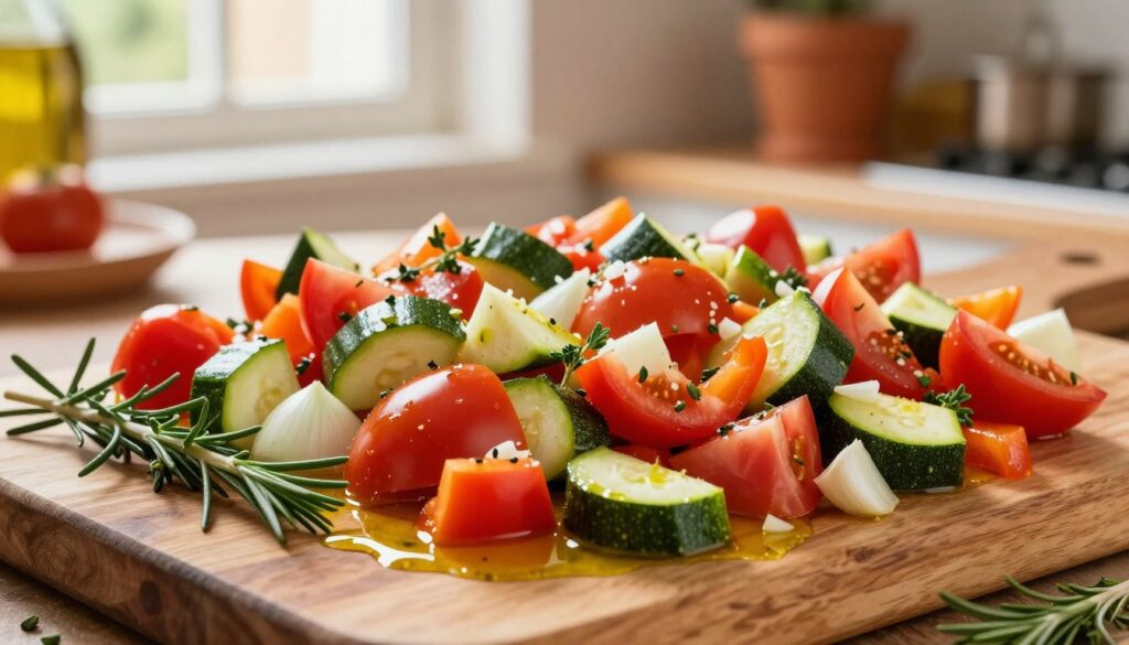 A vibrant and colorful display of Provençal medley chopped vegetables, showcasing a mix of diced tomatoes, bell peppers, zucchini, and onions, all arranged artistically on a rustic wooden cutting board. The foreground features glistening olive oil and fresh herbs, such as rosemary and thyme, adding texture and color. In the middle ground, the focus on the vegetables captures their fresh, diced appearance, with finely chopped garlic sprinkled throughout. The background is softly blurred to emphasize the vegetables, with hints of a Mediterranean kitchen ambiance, including terracotta pots and a window letting in warm, natural light. The scene is bright and inviting, evoking a sense of fresh, healthy Mediterranean cooking. The mood is warm and rustic, perfect for a culinary setting.
