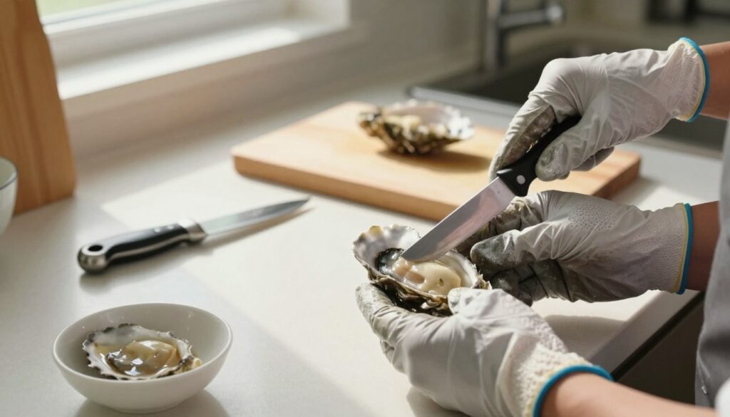 A vibrant and detailed kitchen countertop scene showcasing an oyster shucking knife technique. In the foreground, a skilled hand wearing protective gloves expertly holds an oyster against a stable surface, positioned ready for shucking. The knife is slightly raised, reflecting the metallic shine as it catches light from above. The middle ground features an array of essential tools: a high-quality oyster knife, a sturdy cutting board, and a small bowl gathering the oyster meat. The background shows a clean kitchen environment with soft, natural light streaming in through a nearby window, creating a warm, inviting atmosphere. The overall mood is focused and professional, emphasizing safety and skill in oyster handling.