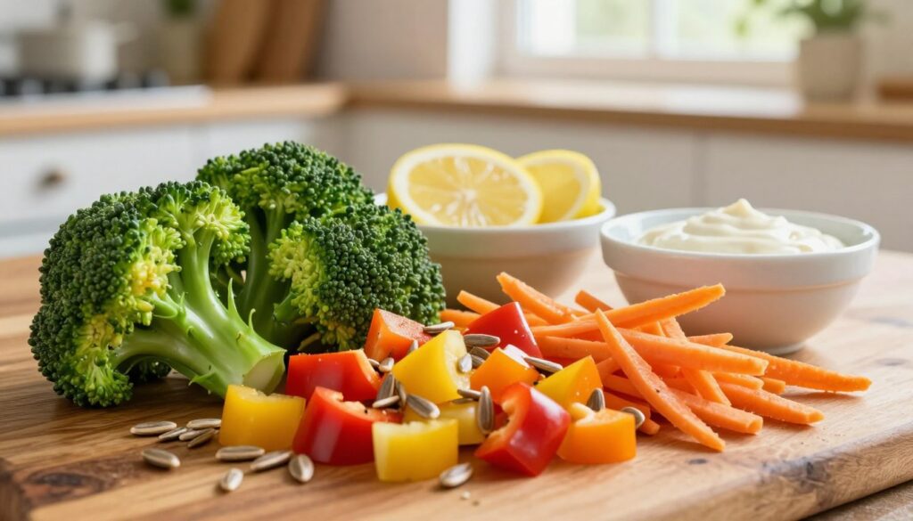 A vibrant and fresh assortment of ingredients for a crunchy broccoli salad, beautifully arranged on a rustic wooden table. In the foreground, large, crisp florets of bright green broccoli stand out, accompanied by colorful diced bell peppers in red, yellow, and orange hues. Add a generous handful of shredded carrots and a scattering of sunflower seeds to enhance the texture. In the middle ground, a small bowl of zesty lemon slices and another bowl with a creamy dressing sit ready for use. The background features a soft-focus of a sunny kitchen setting with warm, natural light filtering through a window, creating a cheerful and inviting atmosphere. Capture the image at a slight angle to showcase depth while ensuring that all ingredients are in sharp focus, highlighting their freshness and vibrancy.