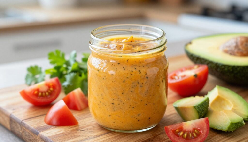 A vibrant and fresh homemade Santa Fe salad dressing, artfully arranged in a small glass jar placed on a rustic wooden kitchen countertop. The dressing showcases a rich, creamy texture with flecks of fresh herbs and spices visible throughout, exuding a tantalizing orange hue. Surrounding the jar are colorful ingredients like diced tomatoes, avocados, and cilantro, adding a lively touch. In the background, soft natural light bathes the scene, creating a warm and inviting atmosphere. The angle captures the dressing from a slightly elevated perspective, allowing a clear view of its creamy consistency and vibrant colors, making it an ideal visual for a culinary article.