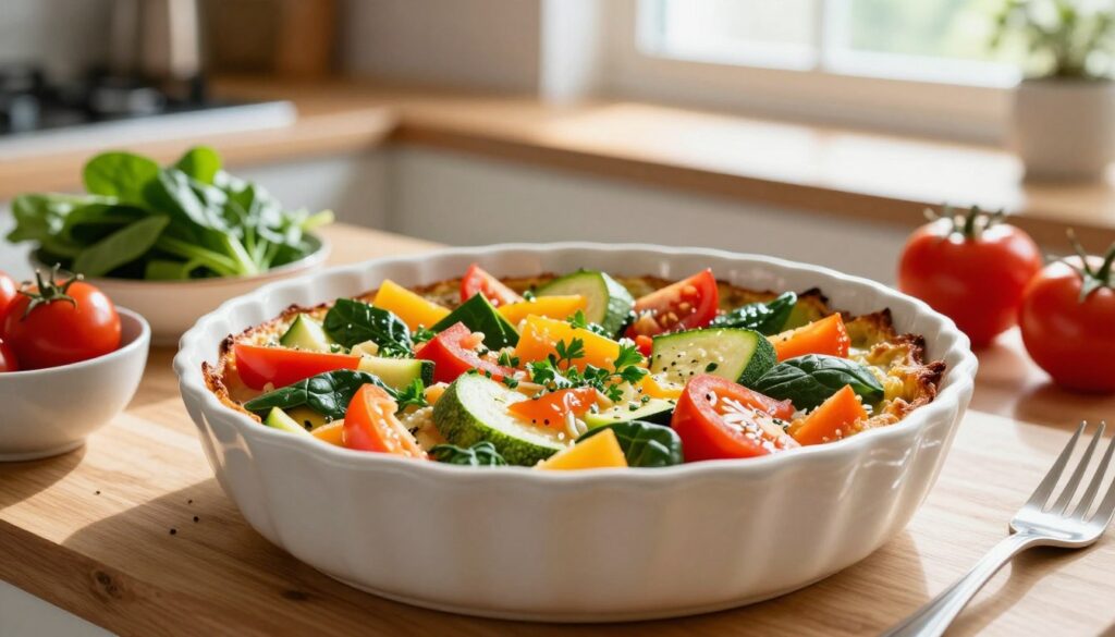 A vibrant and healthy breakfast casserole sits freshly baked in a rustic ceramic dish at the center of the image. The casserole is filled with a medley of colorful vegetables, including diced bell peppers, fresh spinach, tomatoes, and zucchini, all layered harmoniously. The dish is lightly golden on top, with a sprinkle of herbs like parsley and chives for garnish. Surrounding the casserole are small bowls of raw ingredients, showcasing the fresh vegetables used. The background features a sunlit kitchen with wooden countertops, emphasizing a bright and inviting atmosphere. Soft, natural light floods in from a window, casting gentle shadows. A shallow depth of field focuses on the casserole, creating an appealing, mouth-watering scene perfect for illustrating a wholesome breakfast preparation.