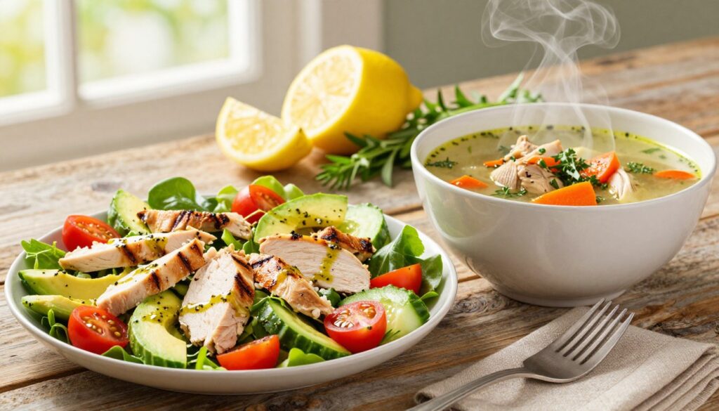 A vibrant and inviting composition featuring a healthy chicken salad and a steaming bowl of soup on a rustic wooden table. In the foreground, a colorful chicken salad made with sliced grilled chicken, mixed greens, cherry tomatoes, cucumber, and avocado, drizzled with a light vinaigrette. Next to it, a bowl of hearty vegetable chicken soup with visible chunks of chicken, carrots, and herbs, lightly steaming. In the middle ground, fresh ingredients like lemon slices and herbs add a touch of freshness. The background features soft, natural lighting filtering through a window, creating a warm and cozy atmosphere. Capture the scene from a slightly elevated angle to highlight both the salad and soup, evoking a sense of healthy dining and home-cooked comfort.