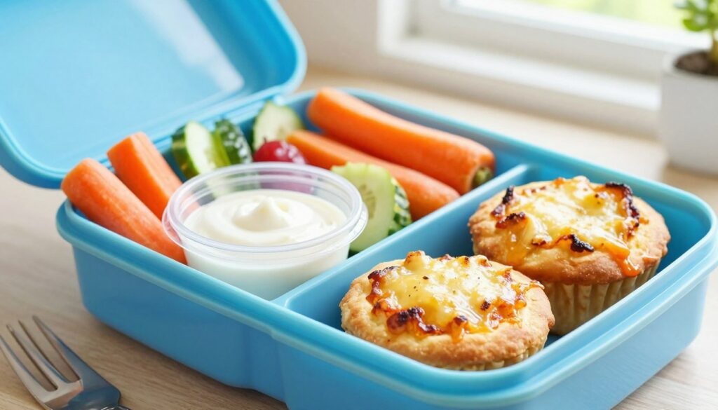 A vibrant and inviting lunchbox scene featuring homemade pizza muffins as the centerpiece. In the foreground, display two golden-brown pizza muffins with cheese melting on top, surrounded by colorful vegetable sticks like carrots and cucumber. In the middle, a neatly packed lunchbox showcases the muffins alongside a small container of dipping sauce, some fresh fruit, and a yogurt cup. The background features a cozy kitchen setting filled with soft natural light pouring in through a window, illuminating the lunchbox. The mood is cheerful and healthy, emphasizing a kid-friendly atmosphere. Capture the scene from a slightly elevated angle to enhance depth, and ensure the colors are bright and appetizing, evoking a sense of fun and nutrition.