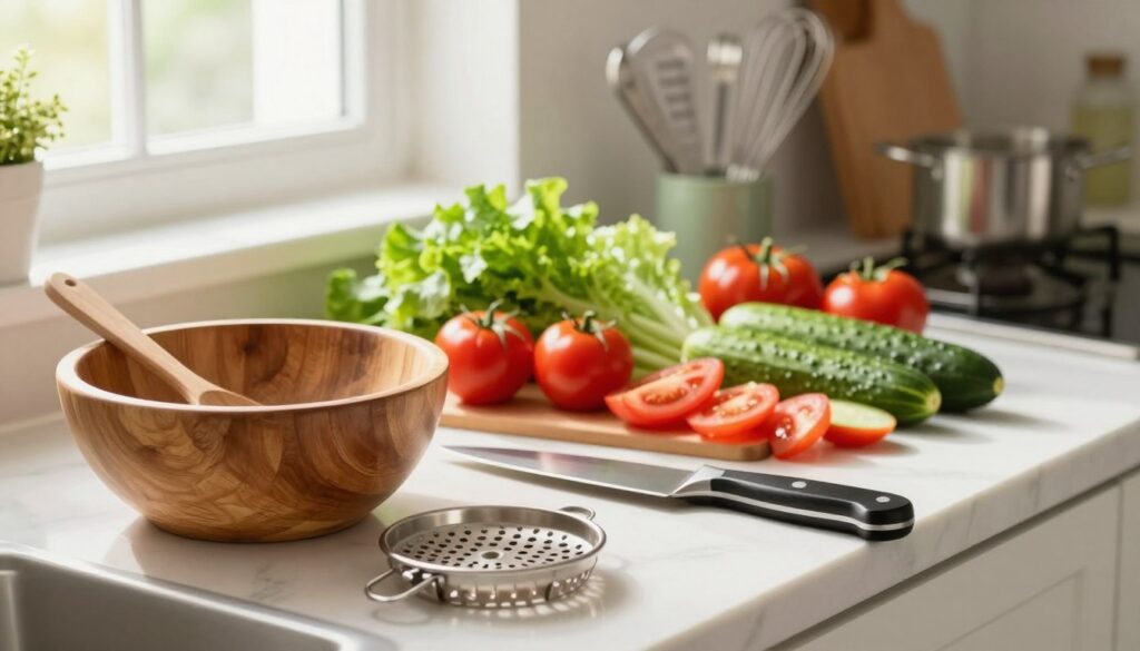 A vibrant and organized kitchen countertop showcasing essential tools for making salads. In the foreground, a high-quality wooden salad bowl, a sturdy salad spinner, and a sharp chef’s knife rest on a cutting board. In the middle, a variety of colorful vegetables like tomatoes, cucumbers, and leafy greens are artfully arranged, hinting at fresh salad ingredients. The background features soft-focus kitchen utensils, like measuring cups and a whisk, adding depth. Soft, natural lighting streams in from a nearby window, creating a warm atmosphere. The scene is captured from a slightly elevated angle, highlighting the freshness and inviting nature of healthy cooking. The overall mood is cheerful and inviting, perfect for inspiring healthy salad creation.