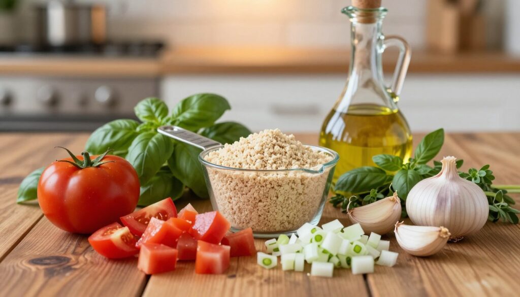A vibrant, appetizing arrangement of essential ingredients for plant-based bolognese sauce displayed on a rustic wooden table. In the foreground, there are colorful diced vegetables: bright red tomatoes, finely chopped onions, and garlic cloves. In the middle, a measuring cup filled with textured vegetable protein (TVP) takes center stage, surrounded by fresh herbs like basil and oregano. A bottle of olive oil gleams softly next to it. In the background, an out-of-focus kitchen setting hints at a cozy cooking atmosphere, with warm lighting casting inviting shadows. The overall mood is homely and vibrant, embodying a wholesome approach to plant-based cooking. Use a shallow depth of field to focus clearly on the ingredients, creating a warm and appetizing ambiance.
