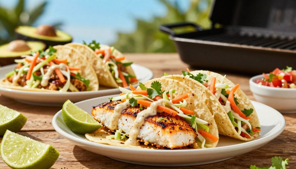 A vibrant, appetizing scene showcasing grilled fish tacos with fresh slaw, arranged on a rustic wooden table. In the foreground, a close-up of perfectly grilled fish fillets, seasoned with colorful spices, topped with a crunchy, colorful cabbage and carrot slaw drizzled with a creamy sauce. Fresh lime wedges and cilantro garnish the plate, adding a pop of color. In the middle ground, grilling tools and ingredients like avocado and fresh salsa hint at cooking methods, while a pan grill with char marks is subtly visible. The background features a sunny outdoor setting with a very soft-focus on green plants and a clear blue sky, creating a warm and inviting atmosphere. The light is bright and natural, enhancing the colors of the tacos, evoking a cheerful and appetizing mood.