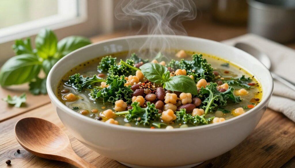 A vibrant bowl of protein-packed vegetable soup featuring an array of leafy greens, such as kale and spinach, and hearty legumes like lentils and chickpeas. The soup should be steaming hot, with a rich, colorful broth infused with spices and herbs, placed on a rustic wooden table. In the foreground, show a wooden spoon resting on the edge of the bowl, suggesting warmth and comfort. The middle layer includes a scattering of fresh herbs like parsley and basil, elevating the dish’s appeal. The background features blurred kitchen elements, hinting at a cozy home cooking environment, illuminated by soft, natural light filtering through a window. The overall mood should evoke healthiness and nourishment, inviting the viewer to appreciate the wholesome ingredients.