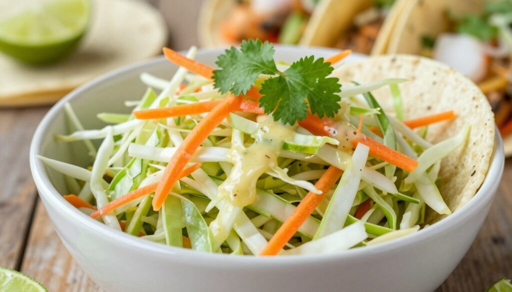 A vibrant close-up of a bowl of homemade coleslaw crafted for tacos, featuring finely shredded green cabbage, colorful shredded carrots, and bright cilantro leaves. The slaw is drizzled with a zesty lime dressing, glistening in natural light, capturing the freshness of the ingredients. Surrounding the bowl, several soft corn tortillas are artistically arranged, with hints of fresh fish and lime slices peeking through. The background is softly blurred to emphasize the slaw, with a rustic wooden table lending an inviting, warm atmosphere. The overall mood is fresh and cheerful, evoking the essence of a lively Mexican kitchen. The lighting is bright and airy, suggesting an afternoon setting, perfect for enjoying delicious fish tacos.