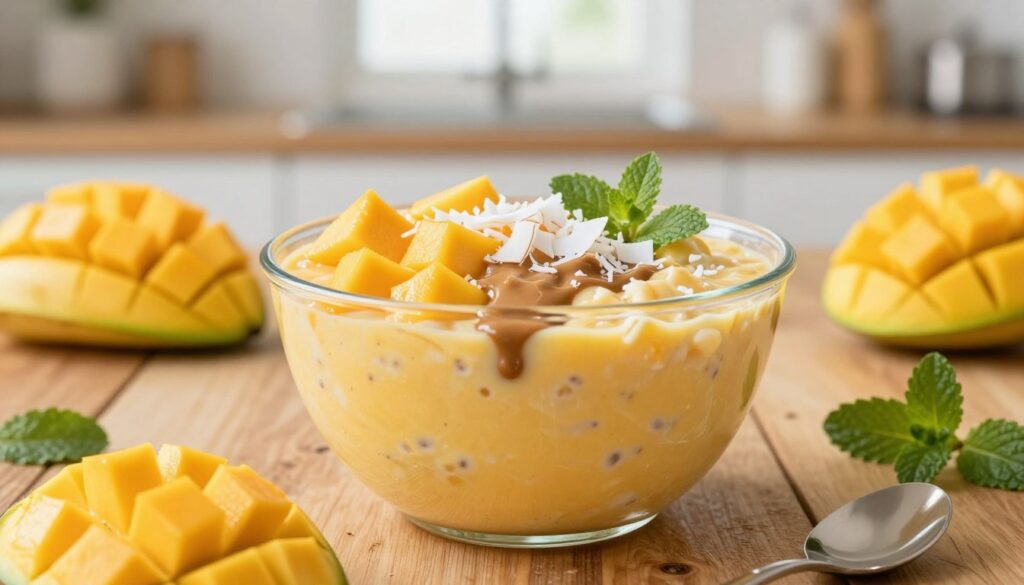 A vibrant close-up of a delicious mango milk base for tropical overnight oats, featuring a creamy, golden-hued mixture in a clear glass bowl. The foreground showcases fresh, diced mango pieces, a drizzle of thick tahini, and a scattering of sweet coconut flakes atop the milk base. In the middle, the bowl is surrounded by a rustic wooden kitchen table, with bright tropical fruits like bananas and a few sprigs of mint for garnish. The background includes a light, airy kitchen with soft, natural lighting streaming through a window, creating a warm and inviting atmosphere. The image should evoke a sense of freshness and health, perfect for a culinary feature.