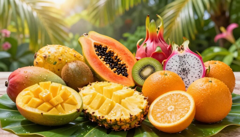 A vibrant collection of tropical fruits, showcasing their anti-inflammatory benefits. In the foreground, display a split ripe mango, juicy pineapple slices, and bright oranges, each glistening with fresh dew. The middle ground features a lush green platter adorned with papayas, kiwi, and dragon fruit, all artistically arranged to highlight their rich colors and textures. The background is a soft-focus of a sunlit tropical garden, with hints of palm leaves and blurred blossoms, adding depth. Natural sunlight streams in to create a warm, inviting atmosphere, enhancing the fruits' vivid hues. Capture the scene from a slightly elevated angle to provide a holistic view of these tropical treasures, emphasizing their health benefits in a cheerful, enticing manner.