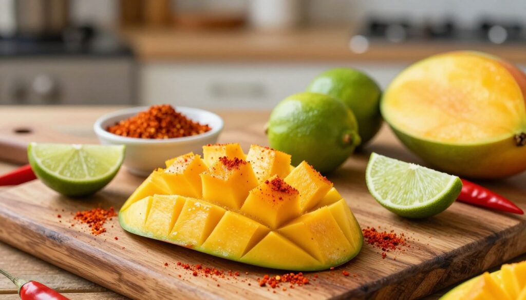 A vibrant composition featuring ripe mango slices seasoned with chili and lime. In the foreground, a rustic wooden cutting board displays a perfectly sliced mango, its bright yellow-orange flesh contrasting with the red chili powder sprinkled artfully around it. Fresh lime wedges add a zesty green hue. In the middle ground, a small bowl holds coarse chili-lime seasoning, with a few whole limes and chilies visually appealingly arranged nearby. The background is softly blurred, showcasing a cozy kitchen setting with warm, natural lighting, enhancing the freshness of the ingredients. The atmosphere is inviting and lively, suggesting a fun and effortless cooking experience. The camera angle captures the scene from a slight overhead perspective, drawing the viewer's attention to the colorful textures of the mango and spices.
