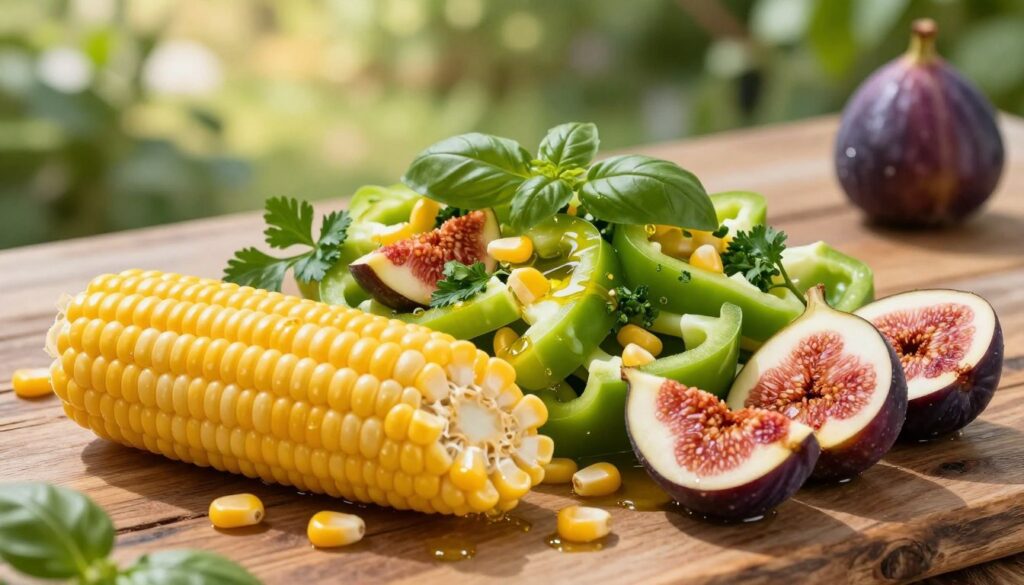 A vibrant corn salad with fresh figs is beautifully arranged on a rustic wooden table. In the foreground, plump ears of corn are cut into golden kernels, alongside ripe fresh figs cut in half to reveal their deep purple interiors. The middle layer features crisp green bell peppers, aromatic herbs like basil and parsley, and a drizzle of olive oil, all artfully scattered. Light reflects softly off glistening ingredients, creating a warm, inviting atmosphere. In the background, a blurred garden scene hints at a summer day, with sunlight filtering through lush foliage. The composition is shot from a slightly elevated angle using soft, natural lighting to highlight the colorful textures of the salad, evoking a fresh and wholesome vibe.
