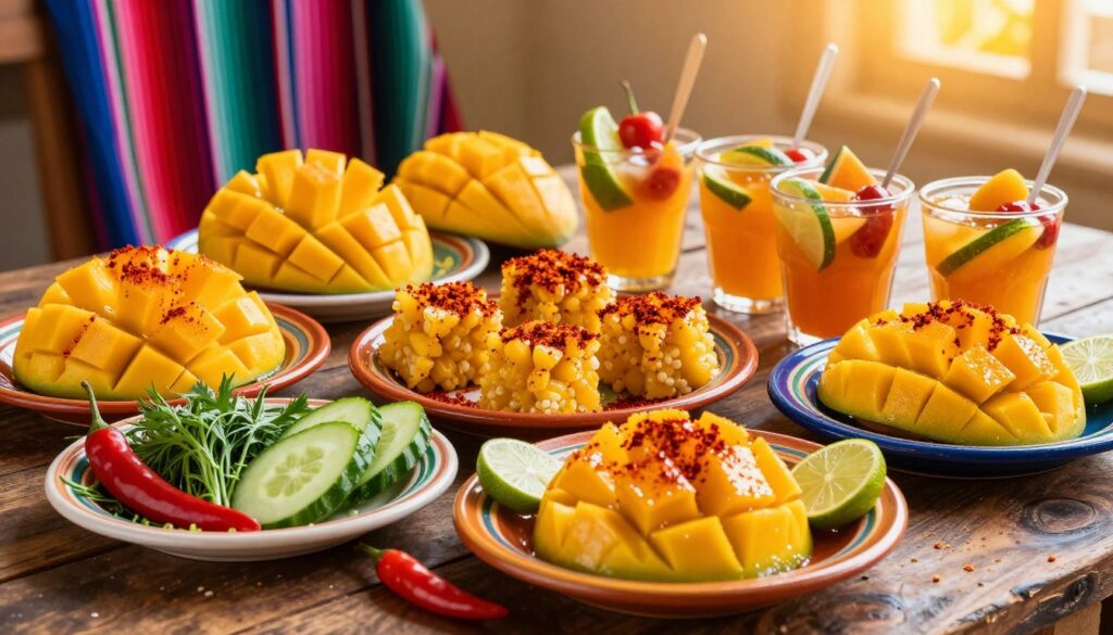 A vibrant display of authentic Mexican fruit snacks featuring various mango preparations sprinkled with chili powder and Tajin. In the foreground, several colorful plates hold sliced mango drizzled with lime juice, surrounded by fresh herbs, slices of cucumber, and a vibrant red chili for garnish. In the middle ground, different variations of the fruit snacks are artfully arranged, showcasing mango in different forms: skewered, cubed, and in refreshing fruit cups, all garnished with a dusting of chili. The background features a rustic wooden table adorned with traditional Mexican textiles, softly lit by golden, warm natural light to evoke a festive atmosphere. The image captures the essence of fresh, sweet, and spicy flavors, inviting viewers to indulge in these delicious variations.
