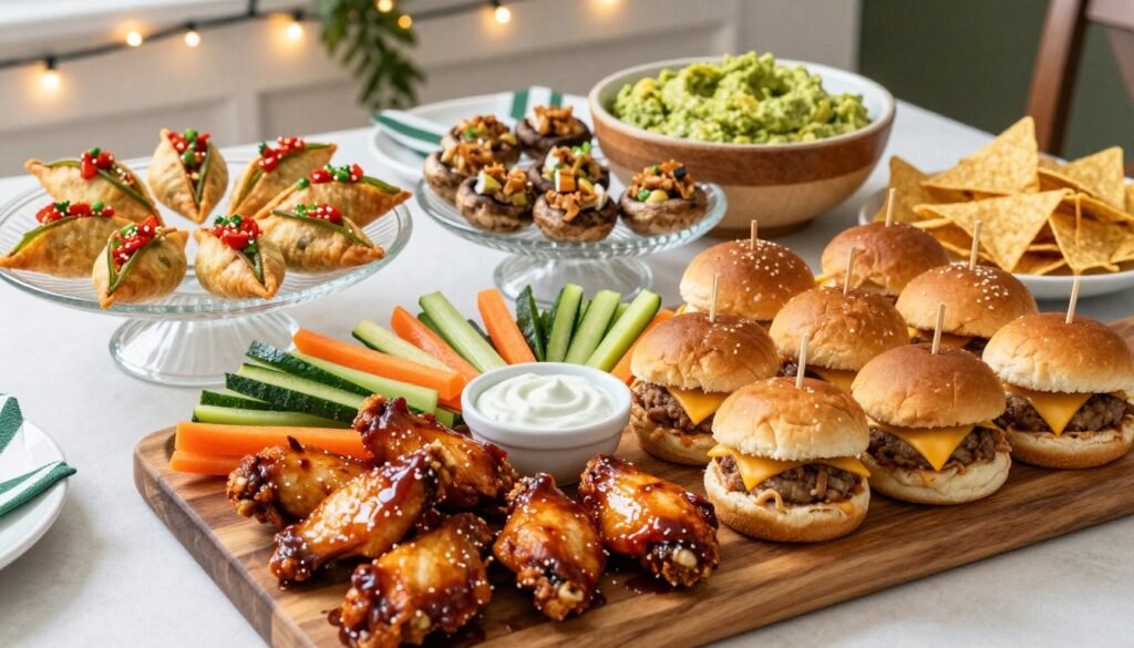 A vibrant display of football food favorites and simple game day appetizers arranged on elegant platters. In the foreground, a large wooden serving board showcases crispy chicken wings glazed with barbecue sauce, mini sliders topped with melted cheese, and a colorful assortment of fresh vegetable sticks served with dip. In the middle, two elegant glass platters hold spicy jalapeño poppers and savory stuffed mushrooms, while a rustic bowl of guacamole and tortilla chips adds a pop of green. The background features a festive table setting with string lights softly illuminating the scene, creating a warm and inviting atmosphere. Shot from a slightly elevated angle with natural lighting to emphasize the freshness of the ingredients, the image exudes fun and excitement, perfect for a game day gathering.