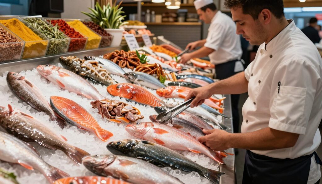 A vibrant fish market scene showcasing a diverse selection of fresh and frozen fish. In the foreground, a professional chef in neat, modest attire examines several types of fish, including salmon, cod, and exotic varieties, using a pair of fish tongs. The middle of the scene features various seafood displays, meticulously arranged on ice, glistening under soft, natural light that highlights their freshness. In the background, shelves filled with global spices and herbs suggest an international culinary adventure. The atmosphere is lively yet inviting, with warm hues and subtle shadows creating depth. An overhead perspective captures the hustle and bustle of market activity, emphasizing the importance of selecting the right fish for delicious, flavor-packed recipes.