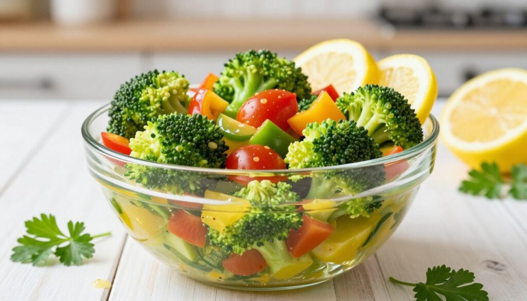A vibrant glass bowl filled with a refreshing lemon vinaigrette broccoli salad, showcasing tender green broccoli florets intermixed with diced bell peppers and cherry tomatoes. The foreground highlights the salad’s glossy texture, glistening with a light drizzle of homemade lemon dressing, which adds a zesty yellow hue. In the middle, the bowl is surrounded by fresh lemon slices and sprigs of parsley for contrast, all on a white wooden table for a clean, fresh feel. Soft natural lighting illuminates the scene from the left, casting gentle shadows, suggesting a bright and cheerful atmosphere. The background is softly blurred, with hints of a sunlit kitchen to enhance the inviting mood. The focus remains solely on the salad, with no distractions or text, evoking a sense of healthy, fresh eating.