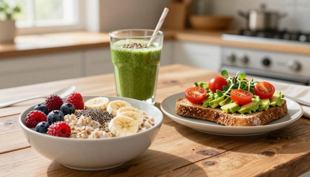 A vibrant high-fiber breakfast spread beautifully arranged on a rustic wooden table. In the foreground, showcase a bowl of oatmeal topped with fresh berries, sliced bananas, and a sprinkle of chia seeds, alongside a plate of whole-grain avocado toast garnished with cherry tomatoes and microgreens. In the middle, include a glass of green smoothie with spinach, flaxseeds, and almond milk, creating a refreshing contrast. The background features a soft-focus view of a kitchen with sunlight streaming through a window, illuminating the ingredients and creating a warm, inviting atmosphere. The scene conveys a sense of health and vitality, perfect for blood sugar management, with a cozy morning vibe and an emphasis on freshness and nutrition. A vibrant high-fiber breakfast spread beautifully arranged on a rustic wooden table. In the foreground, showcase a bowl of oatmeal topped with fresh berries, sliced bananas, and a sprinkle of chia seeds, alongside a plate of whole-grain avocado toast garnished with cherry tomatoes and microgreens. In the middle, include a glass of green smoothie with spinach, flaxseeds, and almond milk, creating a refreshing contrast. The background features a soft-focus view of a kitchen with sunlight streaming through a window, illuminating the ingredients and creating a warm, inviting atmosphere. The scene conveys a sense of health and vitality, perfect for blood sugar management, with a cozy morning vibe and an emphasis on freshness and nutrition.