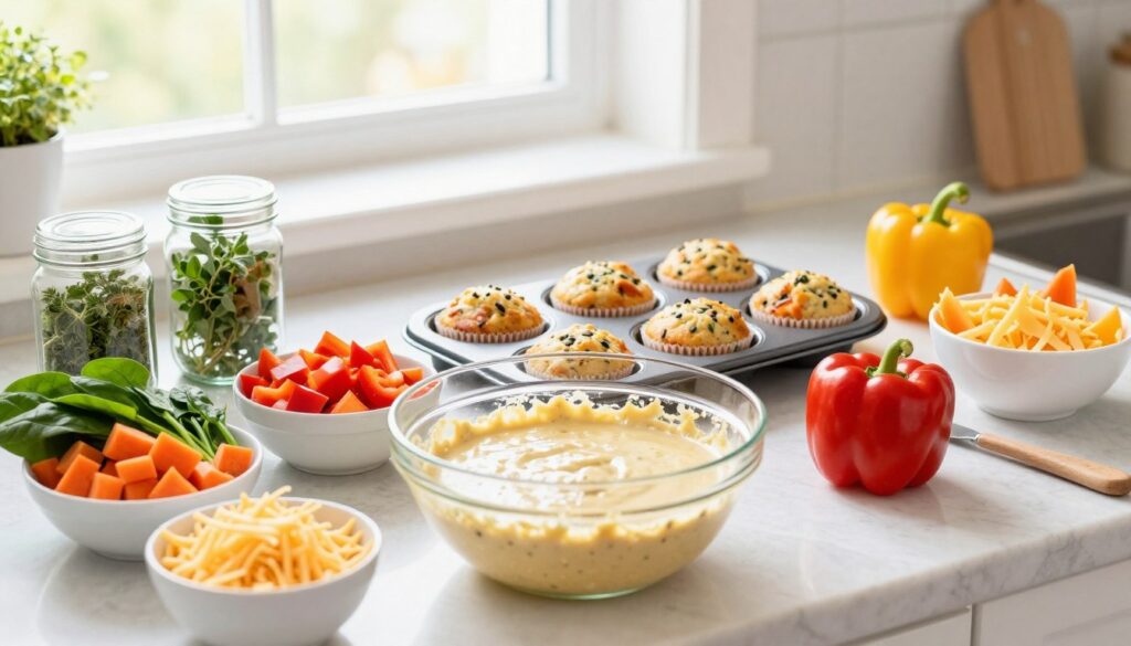 A vibrant kitchen countertop arranged with colorful ingredients for healthy savory muffins suitable for kids. In the foreground, a mixing bowl filled with a light batter. Surrounding it, bowls containing diced vegetables like carrots, spinach, and bell peppers, alongside shredded cheese. Jars of herbs like oregano and thyme are placed nearby. In the middle, a muffin tin with a few muffins ready for baking, showcasing their golden-brown tops. The background features a bright window with soft daylight streaming in, creating a warm and inviting atmosphere. Capture the scene with a shallow depth of field to focus on the ingredients, enhancing the cheerful and wholesome mood, perfect for a family-friendly setting.