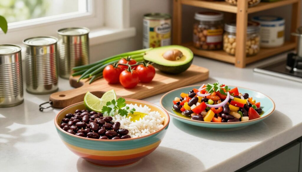 A vibrant kitchen countertop filled with an array of delicious lunch recipes featuring canned beans and rice. In the foreground, a colorful bowl of seasoned black beans and fluffy white rice garnished with fresh cilantro and lime wedges. Next to it, a plate of spicy bean salad with diced bell peppers, red onions, and a drizzle of olive oil. In the middle ground, a chopping board with ingredients such as cherry tomatoes, avocado, and green onions piled high, suggesting preparation. The background displays open cans of various beans alongside a rustic pantry shelf filled with pantry staples. Soft, natural light pours in from a window, casting gentle shadows, creating a warm and inviting atmosphere perfect for lunchtime. The angle is slightly overhead, inviting viewers to explore the meal ideas.