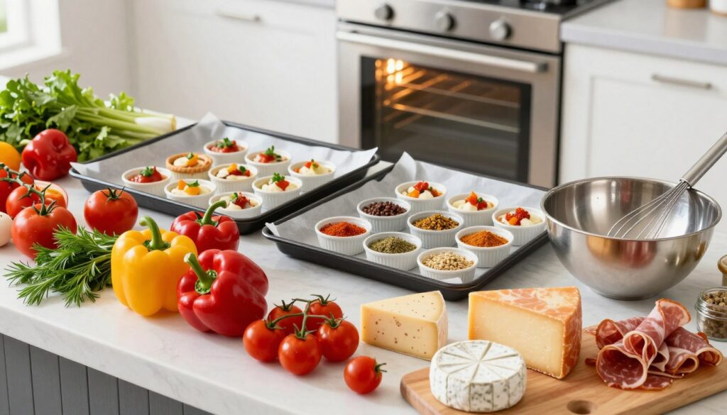 A vibrant kitchen countertop filled with essential ingredients and tools for preparing oven-baked party appetizers. In the foreground, arrange colorful vegetables like bell peppers, cherry tomatoes, and herbs alongside a variety of cheeses and cured meats. Include a mixing bowl and a whisk for preparation. In the middle, display baking trays lined with parchment paper, small ramekins, and an assortment of spices. The background should feature a modern oven with a warm glow emanating from inside, hinting at appetizers baking. Bright, natural lighting highlights the freshness of the ingredients, creating an inviting and festive atmosphere. Capture the scene from a slight overhead angle to emphasize the organized layout and variety of items on the counter.
