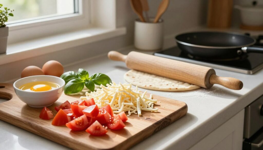 A vibrant kitchen countertop scene depicting the preparation of ingredients for an easy breakfast pizza. In the foreground, a wooden cutting board is adorned with freshly diced tomatoes, shredded mozzarella cheese, and beaten eggs in a small bowl. Meanwhile, a sprinkle of fresh basil leaves adds a pop of green. The middle ground showcases a rolling pin next to a piece of naan, ready to be shaped. Soft morning light filters in from a nearby window, casting a warm glow on the countertop, highlighting the freshness of the ingredients. In the background, kitchen utensils such as a frying pan and measuring cups are neatly arranged, contributing to a cozy, inviting atmosphere perfect for a casual cooking session.