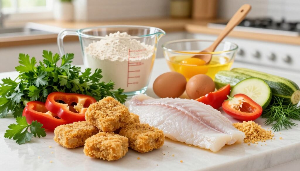 A vibrant kitchen countertop scene featuring an array of healthy fish nugget recipe ingredients. In the foreground, place fresh, filleted white fish, bread crumbs, and a selection of colorful vegetables like bell peppers and zucchini. Include herbs such as parsley and dill scattered artistically around the main ingredients. The middle ground should display a measuring cup filled with whole wheat flour and a bowl of beaten eggs, with a wooden spoon resting beside it. The background should be softly blurred, hinting at a cozy kitchen ambiance with natural light streaming through a window, creating a warm and inviting atmosphere. Use a slightly overhead angle to capture the ingredients, emphasizing their freshness and vibrancy, while avoiding any text or signage in the image.