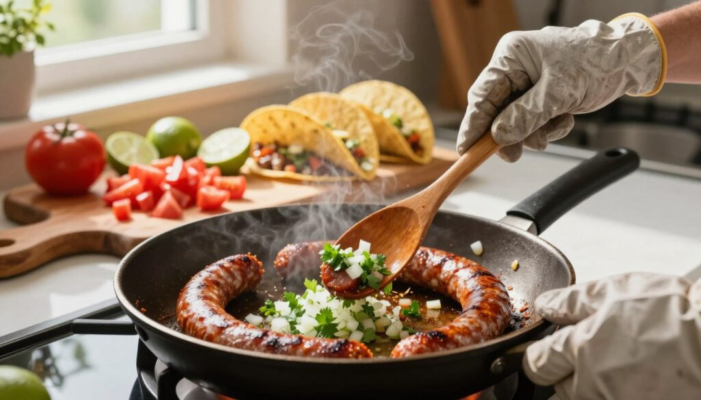 A vibrant kitchen scene focused on cooking chorizo for tacos. In the foreground, a sizzling skillet filled with golden-brown chorizo, actively being stirred by a pair of hands wearing modest, professional cooking gloves. A wooden spoon is in motion, mixing in some chopped onions and fresh cilantro, releasing delicious aromas. In the middle, a cutting board holds diced tomatoes, fresh limes, and taco shells ready to be filled. The background features a warm, inviting kitchen setting with soft, natural light streaming in from a nearby window, illuminating the ingredients and creating a cozy atmosphere. The overall mood is lively and homey, perfect for making easy street tacos.