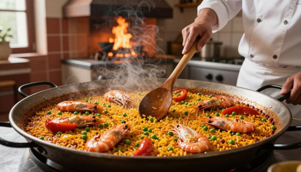 A vibrant kitchen scene showcasing the best paella techniques for stirring rice during cooking. In the foreground, a skilled chef, dressed in professional kitchen attire, holds a long wooden spoon, skillfully stirring a large, rustic paella pan filled with perfectly cooked rice and colorful ingredients like shrimp, peas, and bell peppers. The middle ground features the shimmering surface of the rice, with steam rising and a rich golden hue indicating the ideal moisture level. In the background, a traditional Spanish kitchen with terracotta tiles and an open flame, enhancing the warm, inviting atmosphere. Soft, natural light filters through a nearby window, casting gentle shadows and highlighting the textures of the ingredients. The overall mood is focused and energetic, capturing the essence of expertly preparing paella.