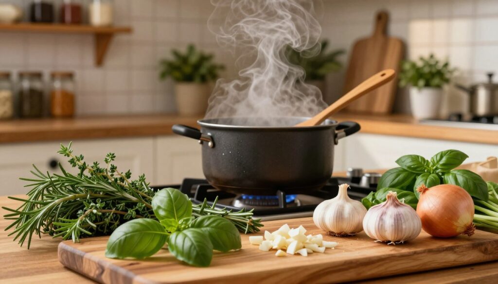 A vibrant kitchen scene showcasing the essence of aromatics in cooking. In the foreground, a wooden cutting board is artfully arranged with fresh herbs like rosemary, thyme, and basil, alongside chopped garlic and onions, their textures and colors popping. In the middle, a pot simmers on the stove, releasing wisps of steam that carry the rich scents of these ingredients, while an elegant wooden spoon rests beside it. The background features warm, soft lighting highlighting the kitchen's rustic decor, with shelves adorned with spice jars and potted plants. The atmosphere is inviting and cozy, evoking a sense of comfort and inspiration. Use a warm color palette to enhance the homely feel, captured from a slightly elevated angle to include all layers harmoniously. A vibrant kitchen scene showcasing the essence of aromatics in cooking. In the foreground, a wooden cutting board is artfully arranged with fresh herbs like rosemary, thyme, and basil, alongside chopped garlic and onions, their textures and colors popping. In the middle, a pot simmers on the stove, releasing wisps of steam that carry the rich scents of these ingredients, while an elegant wooden spoon rests beside it. The background features warm, soft lighting highlighting the kitchen's rustic decor, with shelves adorned with spice jars and potted plants. The atmosphere is inviting and cozy, evoking a sense of comfort and inspiration. Use a warm color palette to enhance the homely feel, captured from a slightly elevated angle to include all layers harmoniously.