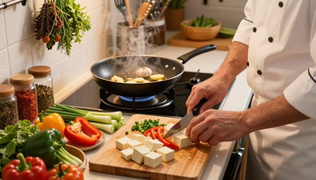 A vibrant kitchen scene showcasing the preparation techniques for a high-protein tofu dinner. In the foreground, a wooden cutting board displays neatly chopped tofu, bell peppers, and green onions, with a chef in a modest white apron skillfully slicing ingredients. The middle features a stovetop with a sizzling skillet, garlic and ginger browning in oil, emitting aromatic steam. The background reveals colorful spices in jars, and fresh herbs hanging from a rack, with warm, golden lighting illuminating the preparation area, creating an inviting atmosphere. The camera angle captures an overhead view, emphasizing the organized layout of the ingredients and the chef's focused expression, encapsulating the joy of cooking nutritious vegetarian meals.