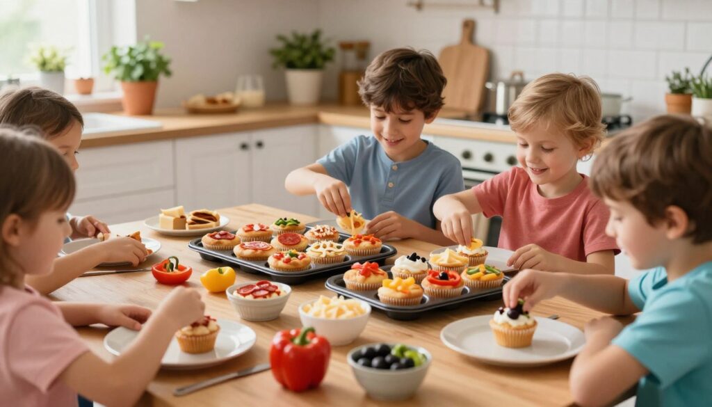 A vibrant kitchen scene with colorful toppings spread across a wooden table, featuring pizza muffins waiting to be customized by children. In the foreground, kids aged 5-10 are joyfully selecting from a variety of toppings, including pepperoni, bell peppers, olives, and cheese. They are dressed in casual, colorful clothing, with cheerful expressions as they load their muffins. The middle ground showcases a tray of freshly baked pizza muffins, golden and delicious, while the background reveals a cozy kitchen with soft, warm lighting, potted herbs, and playful decor. The atmosphere is lively and engaging, capturing the joy of creativity and cooking together. The image is taken with a soft-focus lens to enhance the warmth and family-friendly feel.