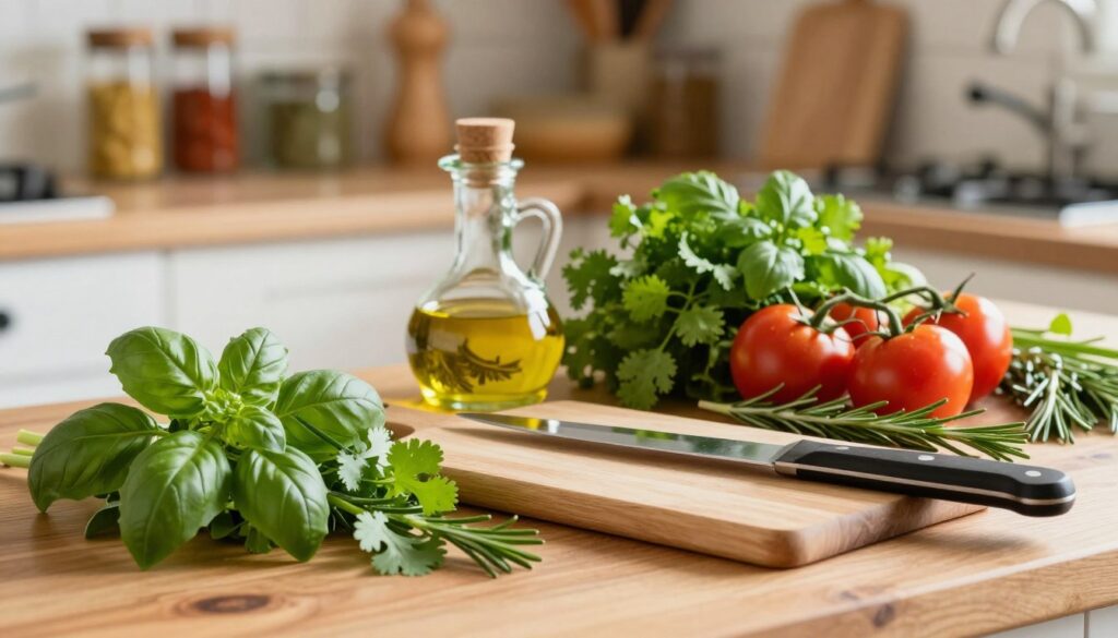 A vibrant kitchen setting filled with fresh herbs, such as basil, cilantro, and rosemary, flawlessly arranged on a rustic wooden countertop. In the foreground, a small bunch of freshly picked herbs rests next to a clean cutting board, with a sharp knife glimmering under warm, natural light. In the middle ground, a stylish glass jar filled with olive oil and a couple of ripe tomatoes add a pop of color, complementing the fresh greens. The background features soft-focus shelves lined with spices and cooking utensils, lending depth to the scene. The warm light creates an inviting atmosphere that evokes a sense of culinary creativity, making it perfect for a flavorful meal preparation. The image should appear warm and inviting without any text or distractions. A vibrant kitchen setting filled with fresh herbs, such as basil, cilantro, and rosemary, flawlessly arranged on a rustic wooden countertop. In the foreground, a small bunch of freshly picked herbs rests next to a clean cutting board, with a sharp knife glimmering under warm, natural light. In the middle ground, a stylish glass jar filled with olive oil and a couple of ripe tomatoes add a pop of color, complementing the fresh greens. The background features soft-focus shelves lined with spices and cooking utensils, lending depth to the scene. The warm light creates an inviting atmosphere that evokes a sense of culinary creativity, making it perfect for a flavorful meal preparation. The image should appear warm and inviting without any text or distractions.