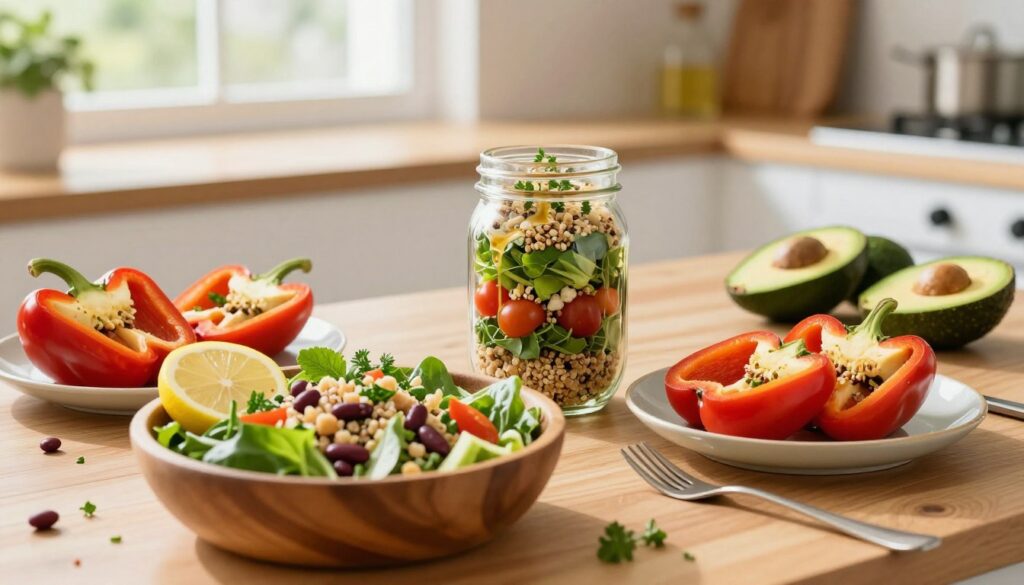A vibrant kitchen table setting, showcasing creatively repurposed leftover salads. In the foreground, an elegant wooden bowl filled with colorful chopped salad mixed with grains and beans, garnished with fresh herbs and lemon slices. Beside it, a plate of stuffed bell peppers featuring salad components. In the middle, a mason jar filled with a layered salad for quick meals, featuring vivid greens, cherry tomatoes, and quinoa, draped with a light vinaigrette. In the background, soft natural light filters through a window, illuminating fresh ingredients like avocados and cucumbers scattered artistically on the table. The atmosphere is warm and inviting, evoking a sense of culinary creativity and health. A shallow depth of field ensures the focus remains on the salad dishes.