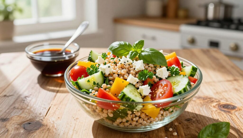 A vibrant, nutritious wheat salad is artfully arranged on a rustic wooden table. The foreground features a glass bowl filled with pearl wheat, glistening with olive oil, mixed with colorful diced bell peppers, juicy cherry tomatoes, crisp cucumbers, and fresh herbs like parsley and basil. A sprinkle of feta cheese adds a touch of creaminess. In the middle ground, salad dressing ingredients are displayed, such as a small bowl of balsamic vinaigrette and a spoon. The background showcases a sunlit kitchen with soft natural light filtering through a window, casting gentle shadows, enhancing the mood of warmth and health. The scene evokes a fresh, wholesome atmosphere, promoting the benefits of a balanced diet through visually pleasing colors and textures.