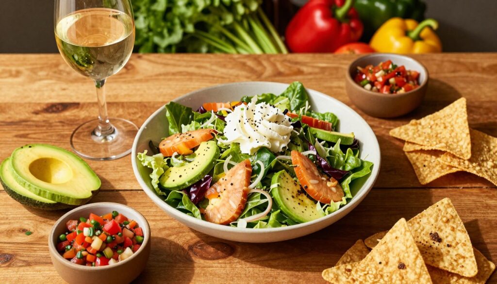 A vibrant overhead shot of a beautifully arranged table featuring a Cheesecake Factory Santa Fe Salad as the centerpiece. Surrounding the salad are thoughtfully selected pairing suggestions: a glass of chilled white wine, fresh avocado slices, a small bowl of tangy salsa, and crisp tortilla chips, all neatly arranged on a rustic wooden table. The lighting is warm and natural, casting a soft golden hue over the scene, enhancing the fresh ingredients. In the background, blurred out, there are hints of colorful fresh vegetables and herbs, creating a lush and inviting atmosphere. The focus is on the salad and the pairings, evoking a lively and appetizing mood that invites the viewer to enjoy the culinary experience.