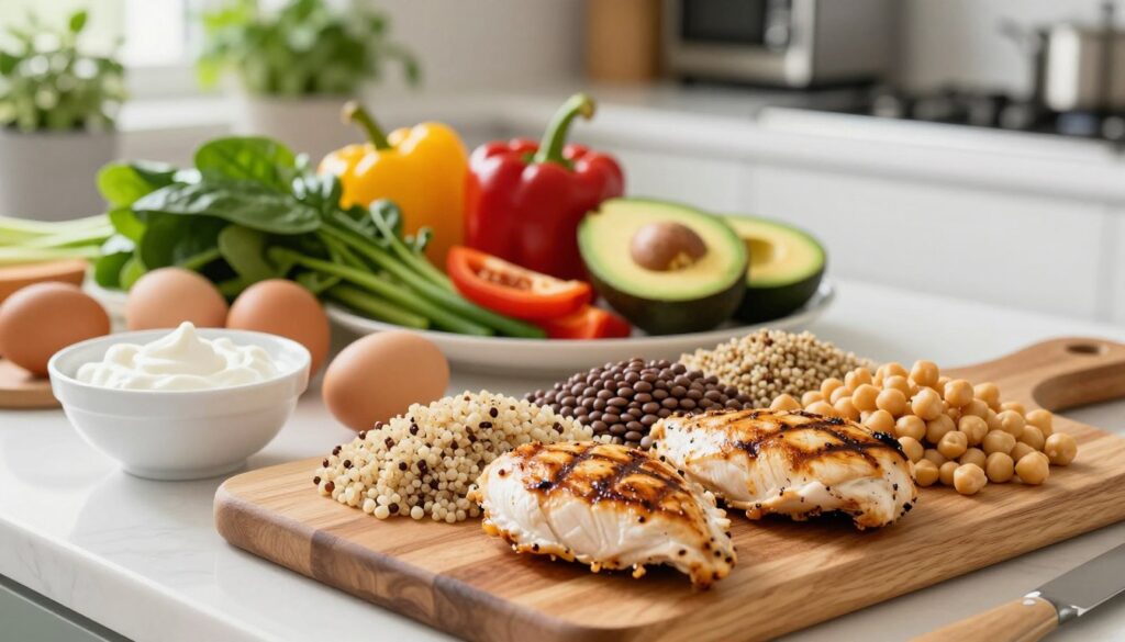 A vibrant, well-lit kitchen counter filled with an assortment of high protein density foods. In the foreground, showcase a variety of grilled chicken breasts, quinoa, lentils, and chickpeas, artfully arranged on a wooden cutting board. Include a few eggs and a portion of Greek yogurt in elegant bowls. In the middle ground, display colorful fruits and vegetables like spinach, avocados, and bell peppers, emphasizing their nutritional value. The background should feature softly blurred kitchen appliances and fresh herbs in stylish pots, hinting at a home-cooking atmosphere. Use natural bright lighting to create a warm and inviting mood, with a slight overhead angle for an appetizing perspective.