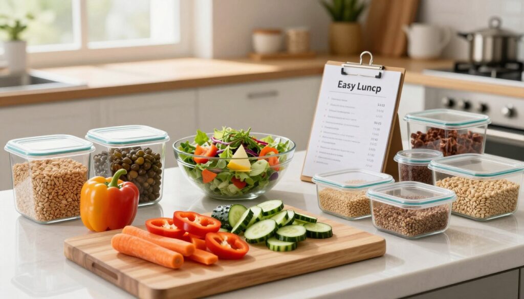 A visually appealing and organized kitchen workspace featuring a clean countertop with vibrant ingredients for lunch prep. In the foreground, a wooden cutting board showcases chopped vegetables like bell peppers, cucumbers, and carrots, alongside neatly arranged containers filled with healthy grains and proteins. In the middle, a large bowl of salad is adorned with colorful toppings, while a recipe card is placed strategically to highlight easy lunch prep ideas. The background reveals a well-lit kitchen ambiance with natural light streaming through the window, casting soft shadows and creating a warm atmosphere. The scene captures a productive and inviting mood, emphasizing efficiency and creativity in meal prepping, shot from a slightly elevated angle to provide a comprehensive view without any text or distractions.