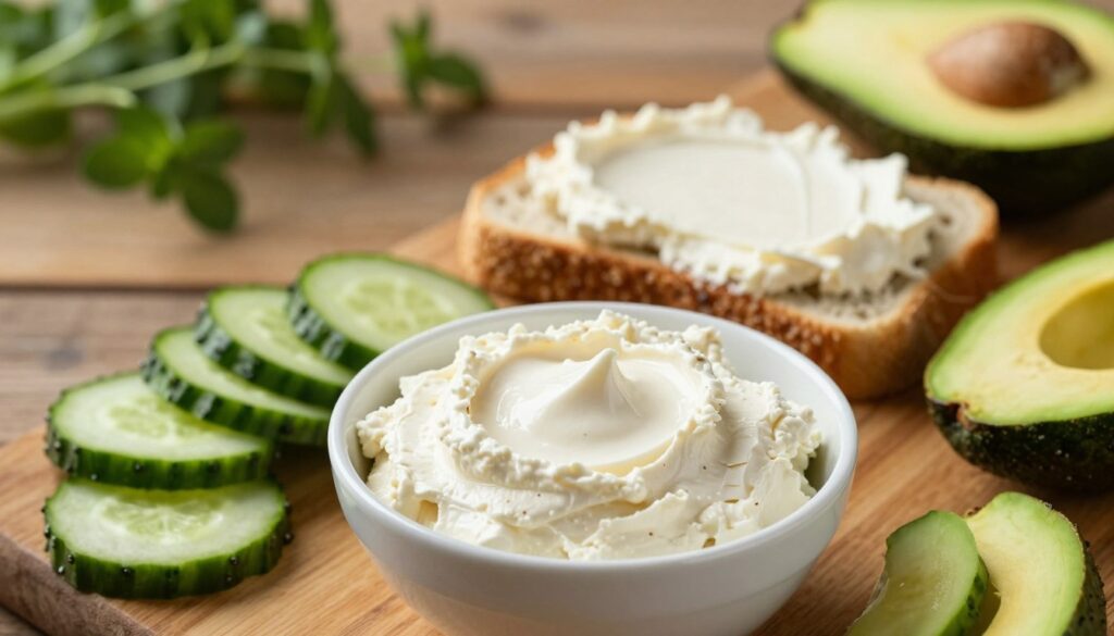 A visually appealing arrangement of tofu cream cheese in a small, elegant bowl, centered in the foreground. The creamy texture should gleam softly under warm, natural lighting, highlighting its smooth consistency. Surrounding the bowl, fresh cucumber slices and ripe avocado halves are artistically placed, showcasing a vibrant green color palette. In the middle ground, a lightly toasted slice of whole-grain bread awaits a generous spread of the tofu cream cheese. In the background, a rustic wooden table and a soft-focus herb plant add warmth and a sense of homey comfort. The atmosphere is inviting and fresh, suggesting a healthy and delicious plant-based meal option, perfect for vegan and vegetarian diets. The image should be captured from a slightly elevated angle to emphasize the textures and colors, with a shallow depth of field for a professional look.