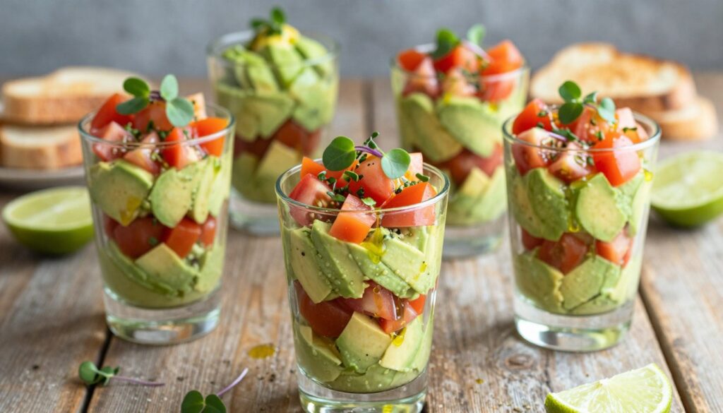 A visually appealing assortment of delicious avocado verrine variations, elegantly presented in tall, transparent glasses. The foreground features a trio of verrines, each with layers of creamy avocado puree, vibrant diced tomatoes, and fresh herbs, artfully garnished with microgreens and a drizzle of olive oil. The middle showcases a rustic wooden table setting, with a few scattered ingredients like lime slices and toasted bread in the background. Soft, natural lighting illuminates the scene, creating a fresh and inviting atmosphere. The image is shot at a slight angle to highlight the textures and colors of the verrines, emphasizing the refreshing and savory elements of this culinary delight.