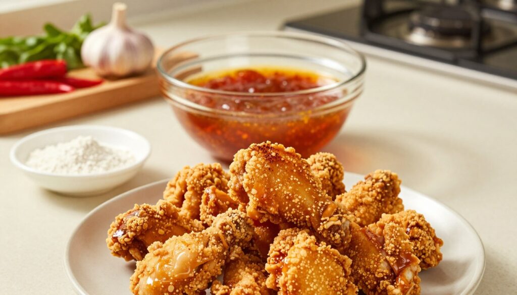 A visually appealing kitchen scene showcasing the step-by-step coating technique for sweet and spicy crispy chicken. In the foreground, a neatly arranged plate holds succulent pieces of chicken, coated in a golden, crispy batter that glistens with a touch of spice. The middle layer features a clear glass bowl filled with a vibrant, sticky sweet and spicy sauce, along with a small dish of seasoning and flour, inviting the viewer to explore preparation techniques. In the background, a well-lit kitchen countertop displays fresh ingredients like chili peppers, garlic, and herbs, adding a touch of color and context. Soft, warm lighting enhances the inviting atmosphere, reminiscent of a cozy cooking session at home. The angle is slightly top-down, capturing both the craftsmanship and artistry involved in creating the perfect crispy chicken.