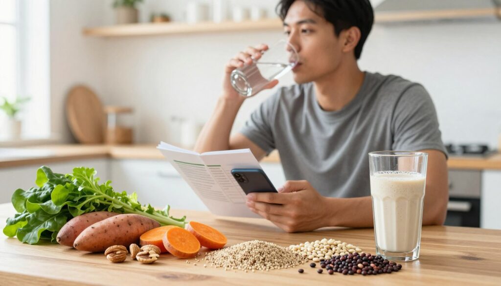 A visually appealing scene showcasing athlete recovery nutrition emphasizing carbohydrates, protein, and hydration. In the foreground, a colorful spread of plant-based foods, including quinoa, sweet potatoes, leafy greens, nuts, and legumes, elegantly arranged on a wooden table. A clear glass of water sits prominently next to a protein shake made from plant-based ingredients. In the middle, a focused athlete in modest athletic clothing is sipping water and looking at a nutrition guide on their smartphone, symbolizing informed choices. The background features a bright, airy kitchen with natural light streaming through a window, creating a fresh and rejuvenating atmosphere. The overall mood is one of vitality, health, and care, capturing the essence of optimal recovery nutrition.