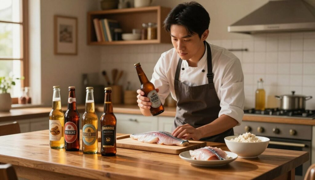 A visually captivating image showcasing a cozy kitchen scene focused on the process of choosing the right beer for a fish batter recipe. In the foreground, a sleek wooden table is adorned with assorted craft beers, each bottle displaying distinct labels and colors, next to a bowl of fresh fish fillets and batter ingredients. The middle ground features a chef in a modern apron, thoughtfully contemplating the options, with a slightly elevated camera angle to capture their focused expression. The kitchen background includes warm lighting, with shelves lined with cooking books and spices, creating an inviting atmosphere. Soft shadows and natural light filtering through a nearby window enhance the warmth and homeliness of the scene. The overall mood conveys enthusiasm and creativity in the culinary process. A visually captivating image showcasing a cozy kitchen scene focused on the process of choosing the right beer for a fish batter recipe. In the foreground, a sleek wooden table is adorned with assorted craft beers, each bottle displaying distinct labels and colors, next to a bowl of fresh fish fillets and batter ingredients. The middle ground features a chef in a modern apron, thoughtfully contemplating the options, with a slightly elevated camera angle to capture their focused expression. The kitchen background includes warm lighting, with shelves lined with cooking books and spices, creating an inviting atmosphere. Soft shadows and natural light filtering through a nearby window enhance the warmth and homeliness of the scene. The overall mood conveys enthusiasm and creativity in the culinary process.