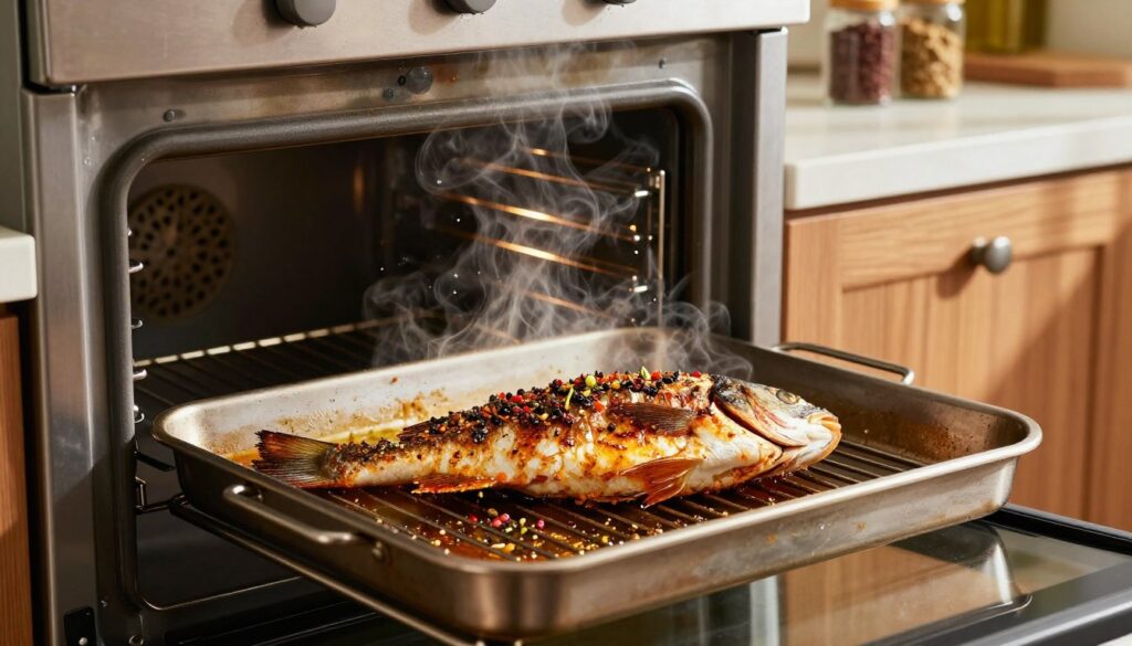 A visually captivating kitchen scene showcasing the process of cooking fish under an oven broiler. In the foreground, a beautifully marinated whole fish, seasoned with vibrant African spices, rests on a metal broiler pan, gleaming under the bright overhead lights. In the middle, the oven's door is slightly ajar, revealing the fish sizzling and browning, with heat waves rising around it. Soft steam and small droplets of fish juices can be seen glistening, enhancing the appetizing look. The background features a cozy kitchen setting with wooden cabinets and various spices neatly arranged, creating an inviting atmosphere. The composition should have balanced lighting that highlights the fish while casting soft shadows, evoking a warm, home-cooked feeling. The angle should be slightly above eye level, offering a clear view of the fish and oven for a dynamic perspective.