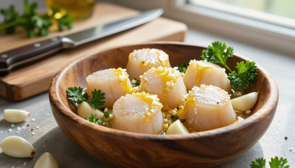 A visually enticing arrangement of fresh sea scallops nestled in a rustic wooden bowl, glistening with a light sheen of garlic butter. Surrounding the scallops are finely chopped garlic cloves, sprigs of fresh parsley, and a sprinkle of sea salt, all meticulously arranged to highlight the ingredients' vibrant colors and textures. In the background, a well-worn cutting board and a sharp chef's knife add a touch of culinary authenticity. The scene is softly illuminated by warm, natural light streaming from a nearby window, casting gentle shadows that enhance the mood of a cozy kitchen. Utilize a shallow depth of field to focus on the scallops while softly blurring the background, creating a inviting atmosphere perfect for a cooking article.