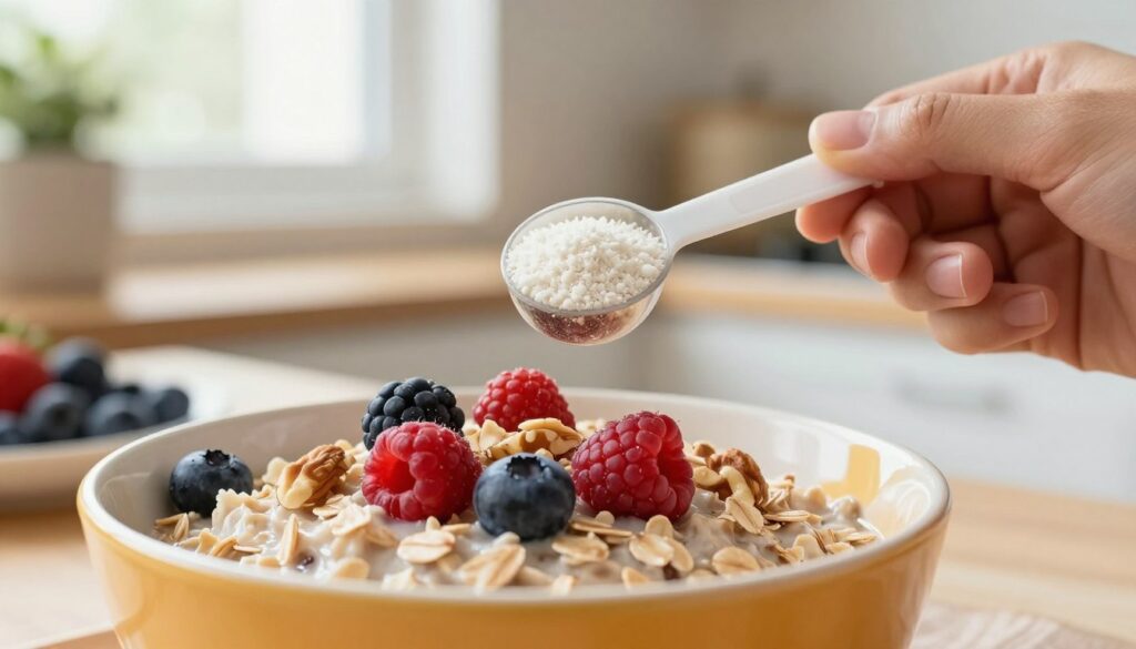 A visually striking composition illustrating the concept of fiber and glucose control. In the foreground, a vibrant bowl of high-fiber breakfast, such as oatmeal topped with fresh berries and nuts, showcases rich textures and colors. The middle ground features a close-up of a hand holding a measuring spoon with fiber-rich ingredients, emphasizing the importance of fiber in breakfast. The background includes a softly blurred kitchen setting with natural light streaming through a window, creating a warm and inviting atmosphere. The overall mood is nourishing and health-focused, symbolizing stability and balance in blood sugar levels. Capture with a shallow depth of field to draw attention to the foreground, enhancing the sense of intimacy and connection to healthful eating. A visually striking composition illustrating the concept of fiber and glucose control. In the foreground, a vibrant bowl of high-fiber breakfast, such as oatmeal topped with fresh berries and nuts, showcases rich textures and colors. The middle ground features a close-up of a hand holding a measuring spoon with fiber-rich ingredients, emphasizing the importance of fiber in breakfast. The background includes a softly blurred kitchen setting with natural light streaming through a window, creating a warm and inviting atmosphere. The overall mood is nourishing and health-focused, symbolizing stability and balance in blood sugar levels. Capture with a shallow depth of field to draw attention to the foreground, enhancing the sense of intimacy and connection to healthful eating.