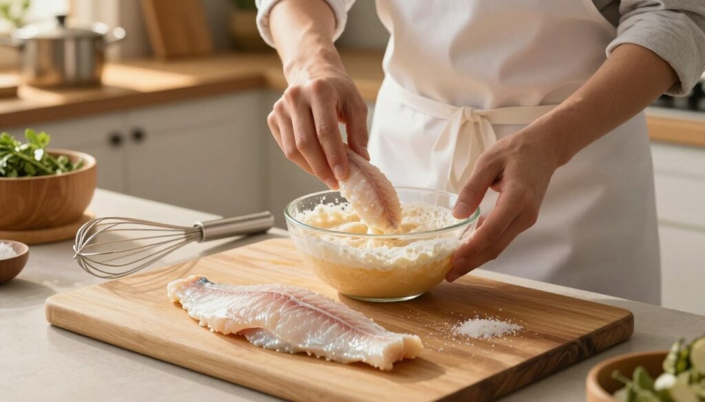 A well-lit kitchen countertop displaying a step-by-step scene of preparing fish fillets for beer batter coating. In the foreground, two fresh fish fillets sit on a wooden cutting board, glistening with a light sprinkle of salt. Next to them, a bowl holds a light, frothy beer batter mixture, and a whisk rests beside it. In the middle, an experienced cook, dressed in a crisp white apron and casual clothing, is gently dipping one fillet into the batter. The background features warm kitchen elements like pots and herbs, with soft, golden light illuminating the scene, creating a cozy, inviting atmosphere. The camera angle is slightly overhead, capturing the action and details of the preparation process with a focus on clarity and warmth.