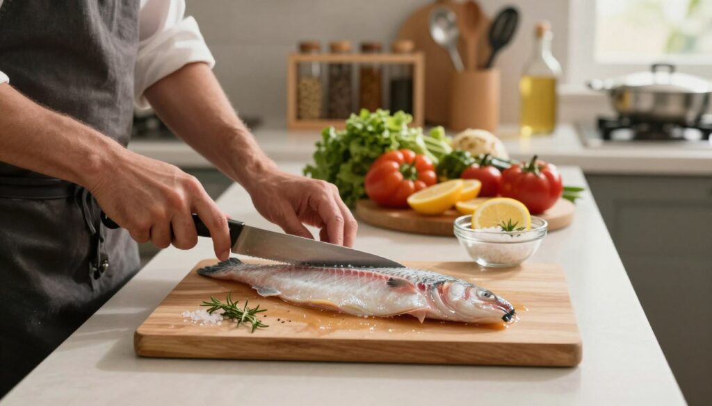A well-lit kitchen countertop serves as the foreground, showcasing a skilled chef in modest casual clothing, carefully preparing fresh fish fillets. The chef tools include a sharp knife, a cutting board, and a small bowl with sea salt, lemon slices, and herbs. The fish fillets, glistening with moisture, are placed prominently in the center, revealing their natural colors and textures. In the middle background, an array of colorful vegetables adds richness, while a well-organized spice rack and an enticing array of cooking utensils subtly hint at the upcoming cooking process. Soft, warm lighting bathes the scene, creating an inviting atmosphere. A slight depth of field effects emphasize the fillets, focusing on the preparation process while maintaining a cozy, homey vibe in the kitchen.