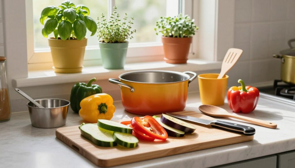 A well-lit kitchen countertop set up for making ratatouille, showcasing essential kitchen equipment and tools. In the foreground, a cutting board with freshly chopped vegetables like zucchini, bell peppers, and eggplant, accompanied by a sharp knife and a wooden spoon. In the middle, a vibrant array of cooking tools—including a large saucepan, measuring cups, and a spatula—arranged neatly. The background features a colorful, herb-filled window sill with potted basil and thyme plants, adding a touch of greenery. Soft, natural light streams in through a kitchen window, casting gentle shadows, creating a warm, inviting atmosphere. The image should focus on the organized and lively cooking space, reflecting an approachable and friendly culinary experience. No people are present, keeping the emphasis on the tools and ingredients.