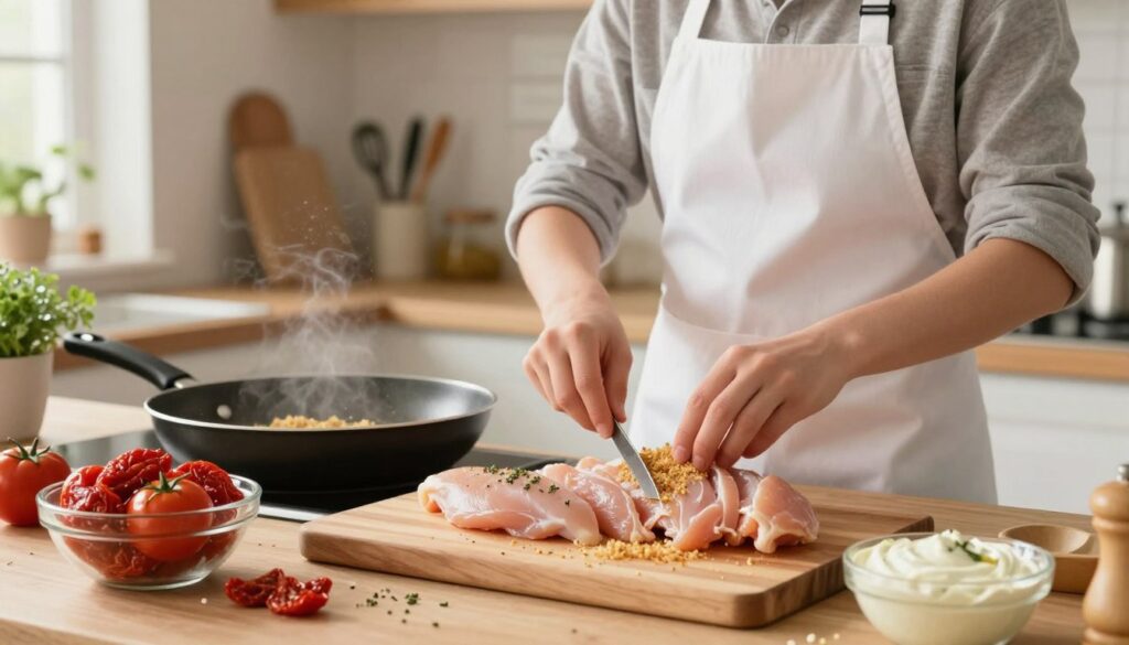 A well-lit kitchen scene demonstrating the preparation of chicken cutlets from fresh chicken breasts. In the foreground, a wooden cutting board displays neatly sliced chicken breasts, garnished with herbs. Alongside, a bowl filled with sun-dried tomatoes and a creamy sauce, showcasing bright colors. In the middle of the scene, a youthfully energetic cook, dressed in a clean white apron and casual shirt, is expertly breading the chicken cutlets, exuding focus and enthusiasm. A frying pan emits a sizzling sound, hinting at the cooking process. In the background, a cozy kitchen with warm lighting, potted herbs, and cooking utensils arranged neatly enhances the inviting atmosphere. The composition captures a home-cooked meal vibe, emphasizing freshness, simplicity, and wholesome cooking.