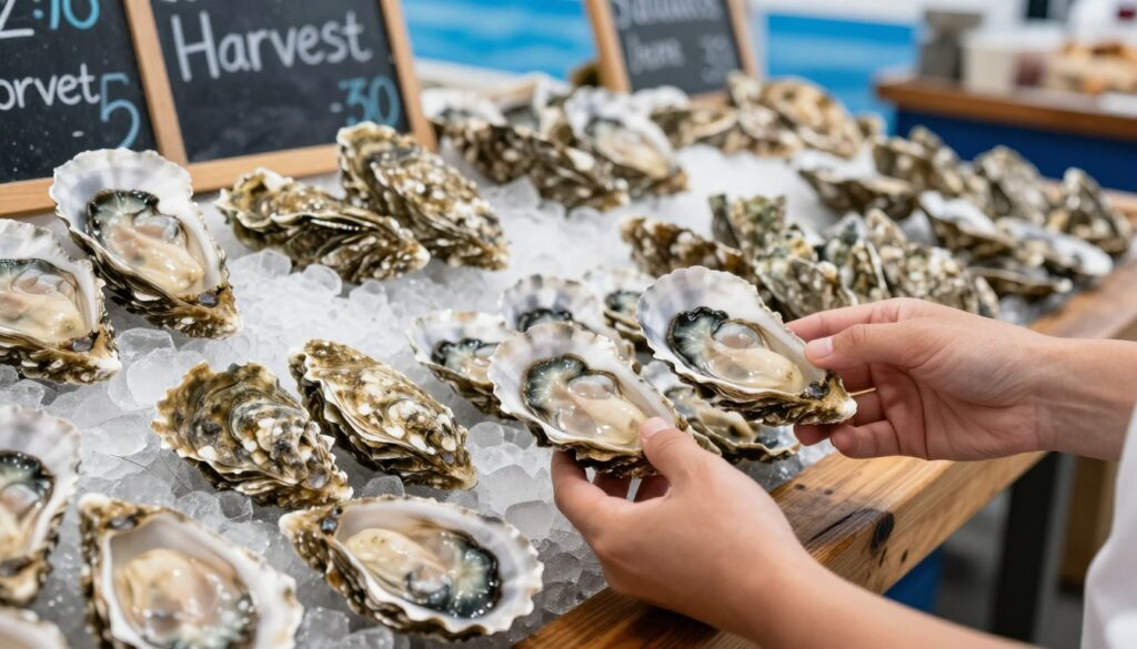A well-lit seafood market scene showcasing a diverse selection of fresh oysters. In the foreground, a pair of hands delicately examine the shells of various oysters, inspecting for cleanliness and proper closure. The shells should display different textures, colors, and sizes, illustrating the variety available. Behind, a rustic wooden table is lined with ice, highlighting the freshness of the oysters. A chalkboard sign displaying harvest dates is partially visible, adding context. The lighting should be bright yet soft, simulating a welcoming market atmosphere, with a focus on enhancing the natural colors of the oysters. A hint of ocean blue should dominate the background, evoking the oceanic origin of the oysters, while hints of market bustle bring warmth and liveliness to the scene.